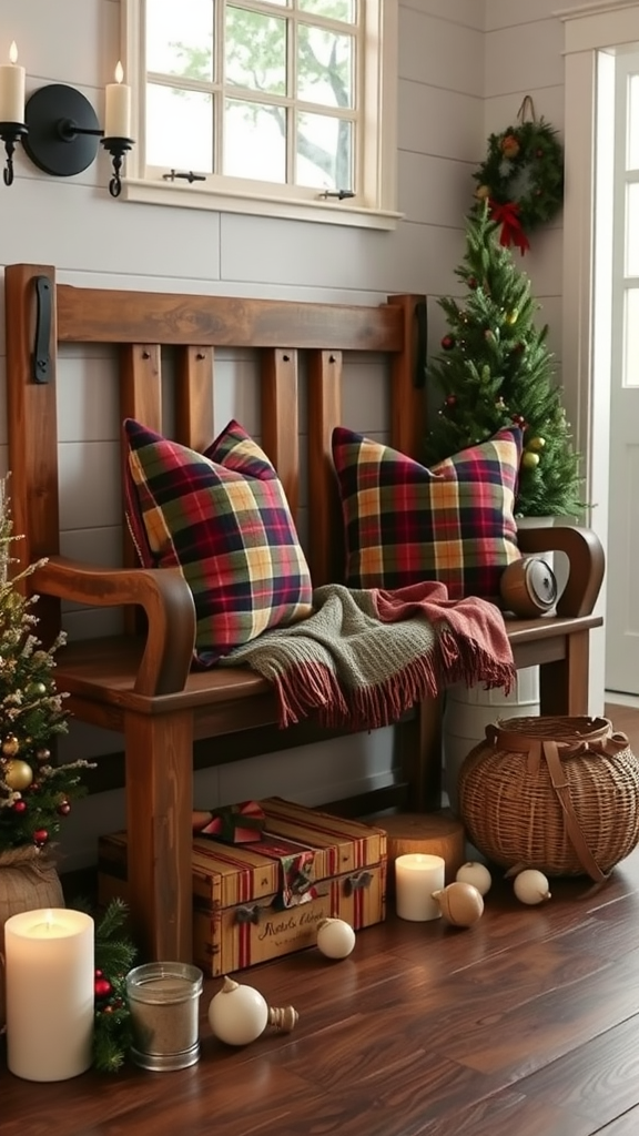 Cozy entry bench decorated for Christmas with plaid pillows, candles, and a small tree.