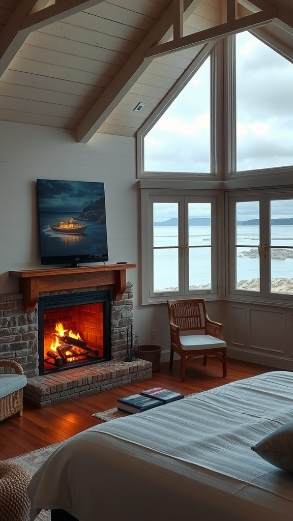 Cozy coastal bedroom with a fireplace and ocean view