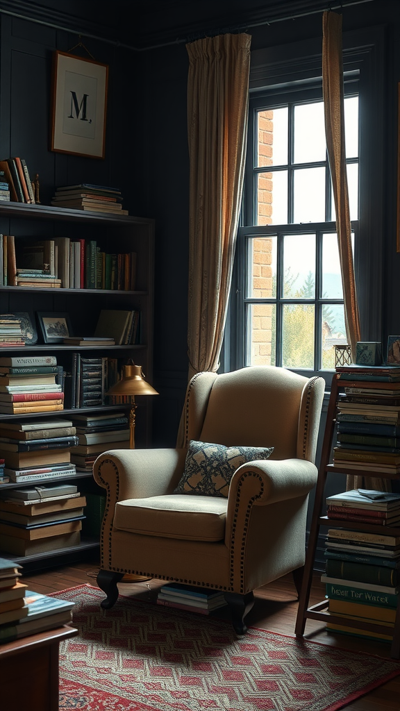 Cozy nook featuring a vintage armchair, bookshelves filled with books, and a window with golden curtains.