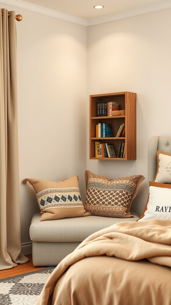 A cozy reading nook featuring a cushioned seat, decorative pillows, and a bookshelf with books.