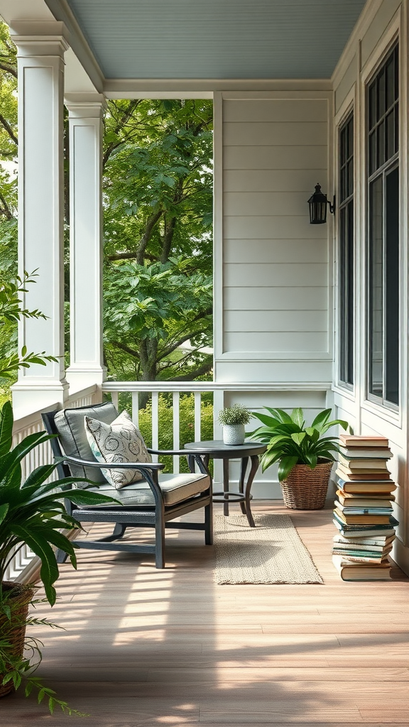 Cozy reading nook on an eastern porch with plants and a chair