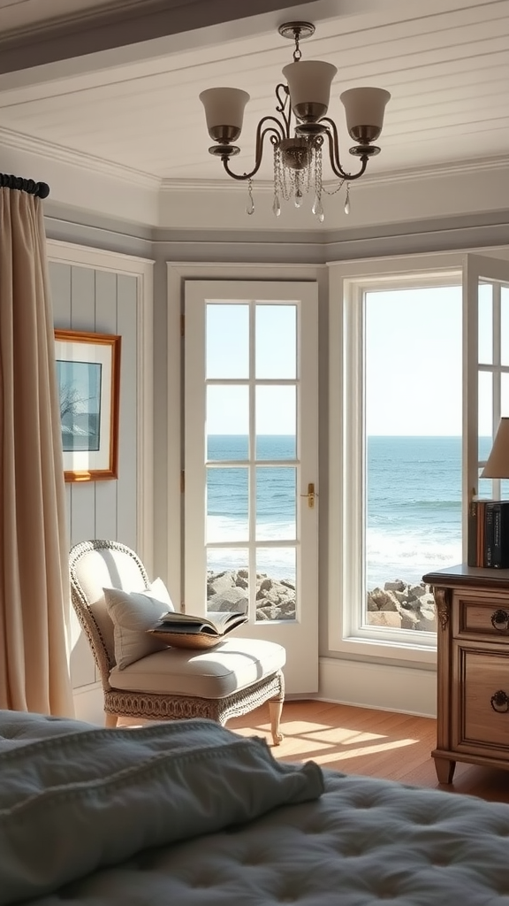 Cozy reading nook by the window in a coastal bedroom with ocean view.