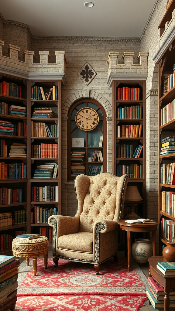 Cozy reading nook with a high-backed chair, colorful bookshelves, and a charming atmosphere.