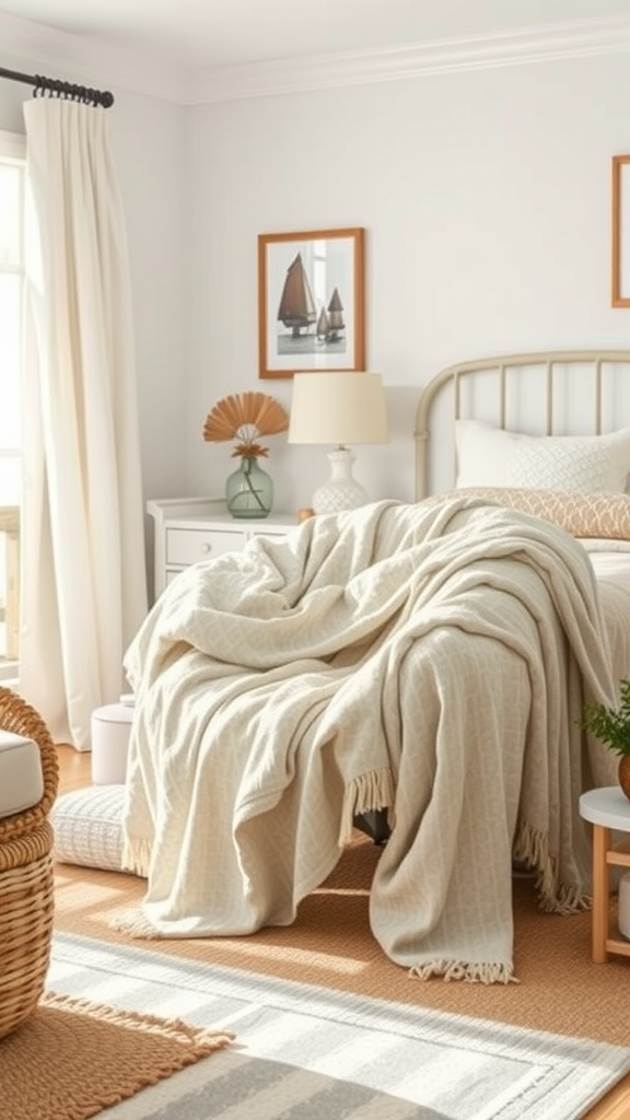 A cozy throw blanket draped over a bed in a coastal-themed bedroom with light colors and natural decor.