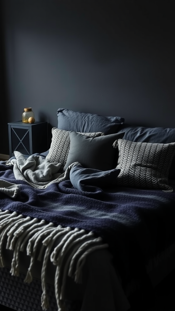 A dark cozy bedroom with throws and pillows on the bed