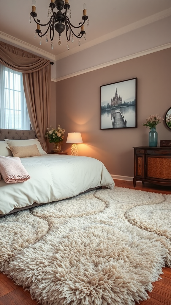 A cozy bedroom featuring a plush area rug, soft bedding, and warm lighting.