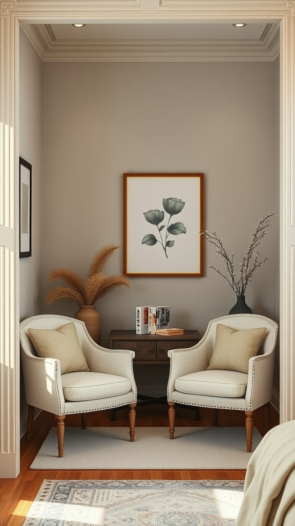Cozy cream accent chairs in a bedroom corner with a decorative table and plants.