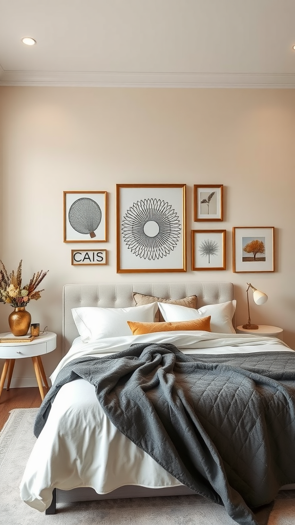 Cozy bedroom with cream accent wall, framed artwork, and textured bedding.