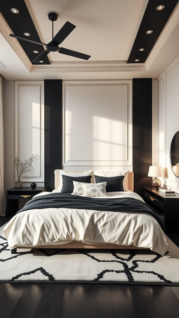 A stylish cream and black bedroom with modern decor, featuring a bed, black accents, and a patterned rug.