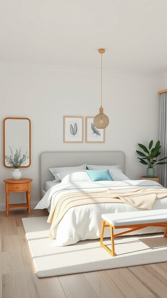 A serene cream and blue bedroom featuring a bed with cream bedding, light wooden furniture, and decorative plants.