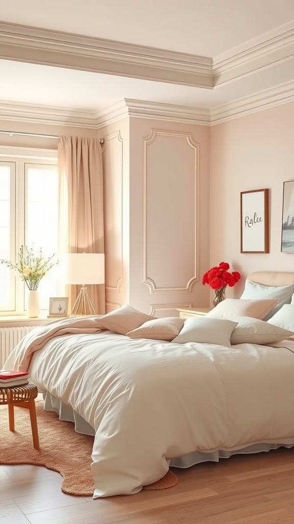 A serene cream bedroom with blush pink accents, featuring a cozy bed and floral decor.