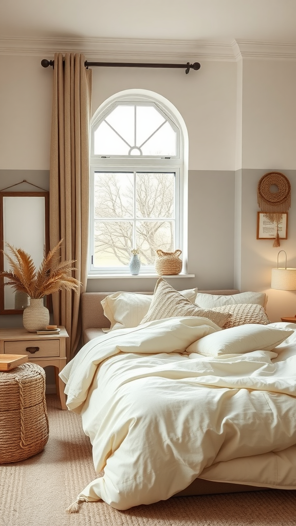 Cozy bedroom featuring cream bedding, beige curtains, and earthy decor elements.