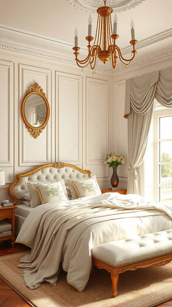 A stylish bedroom featuring a cream and gold color palette, with elegant furniture and decor.