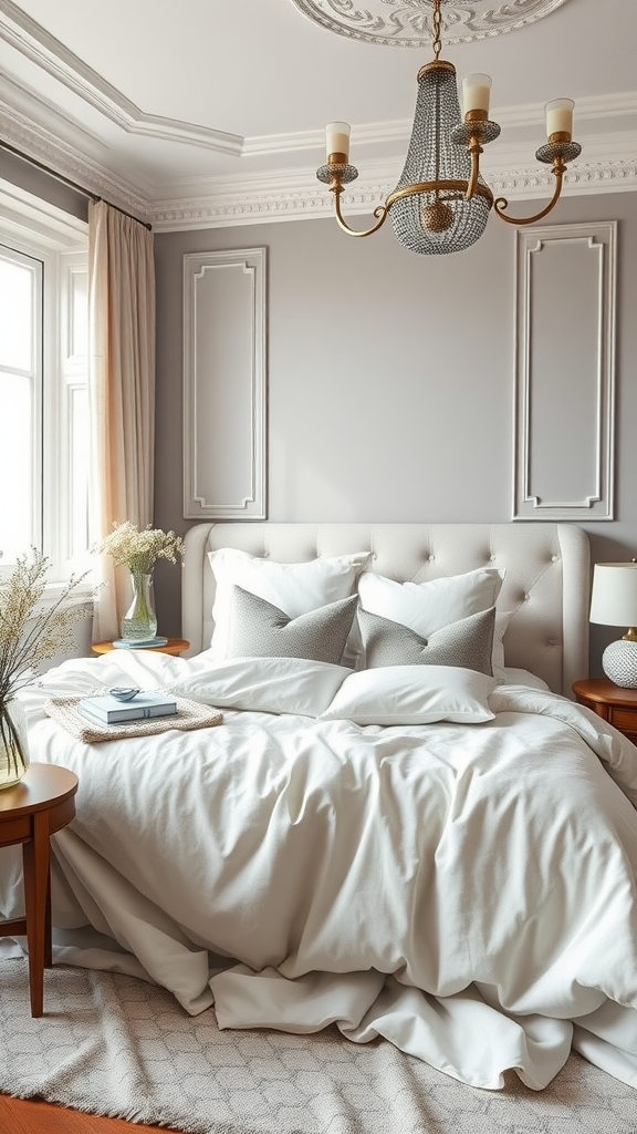 A cozy bedroom featuring cream bedding and gray walls with elegant decor.