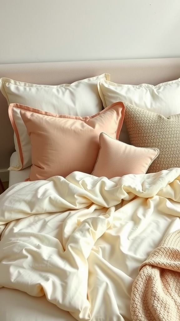 Cozy cream bedding with pastel pillows and a knitted throw