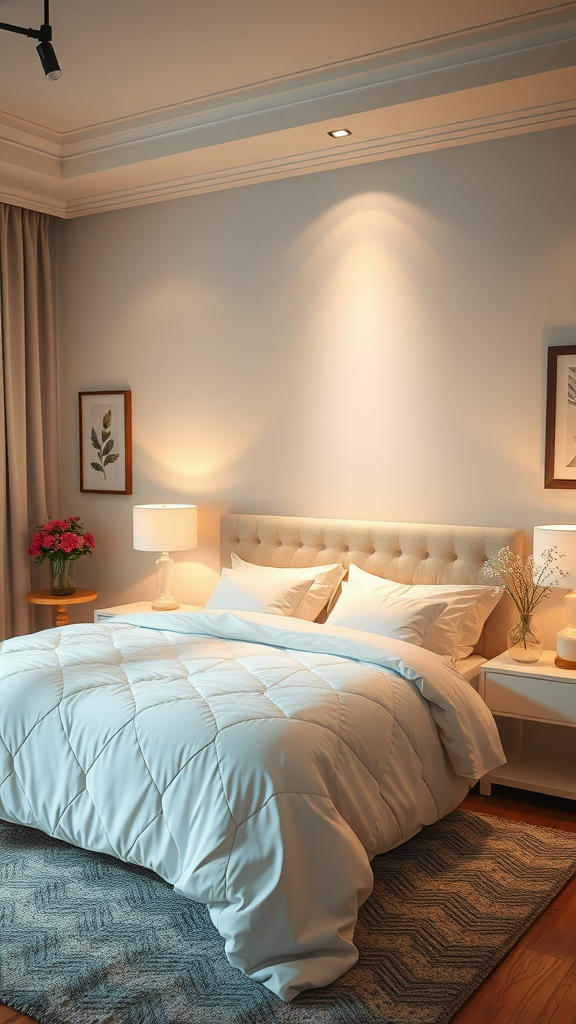 Cozy cream bedroom with layered lighting, featuring soft bedside lamps and recessed ceiling lights.