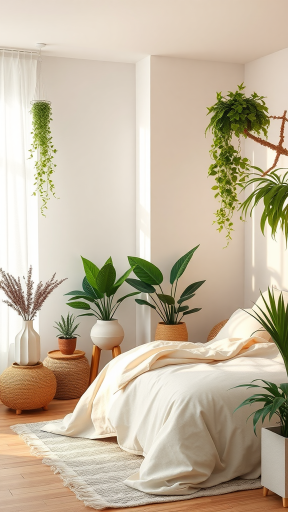 A cozy cream bedroom decorated with various plants and natural elements, creating a serene atmosphere.