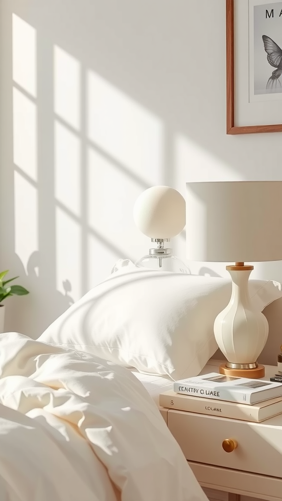A cozy cream-themed bedside setup featuring a lamp, pillows, and stacked books.