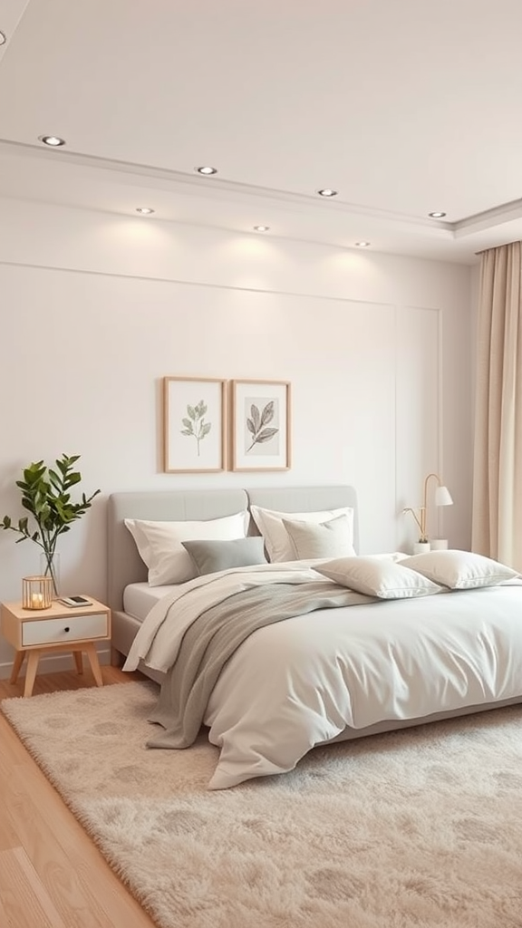 Cozy cream color transition bedroom with soft bedding, plants, and warm lighting