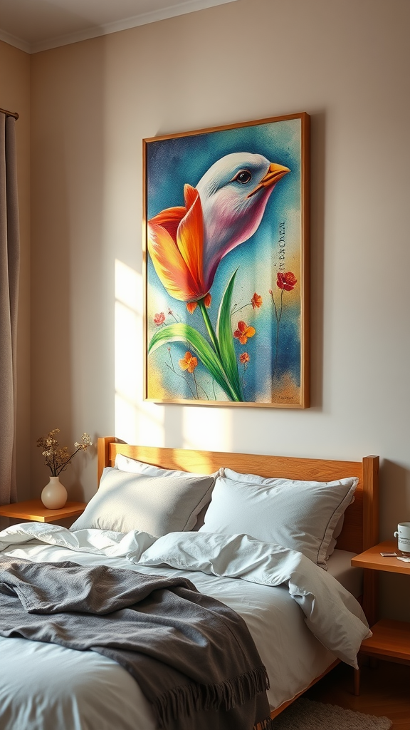 A cozy cream bedroom featuring colorful bird and flower artwork above the bed, warm wooden furniture, and soft lighting.