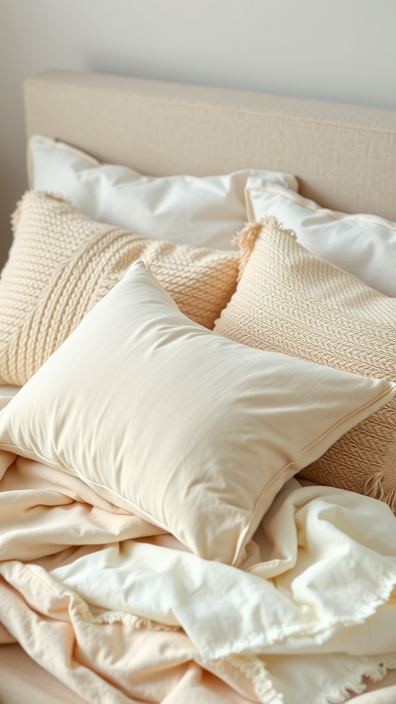 Cream throw pillows on a bed, showcasing different textures and sizes.