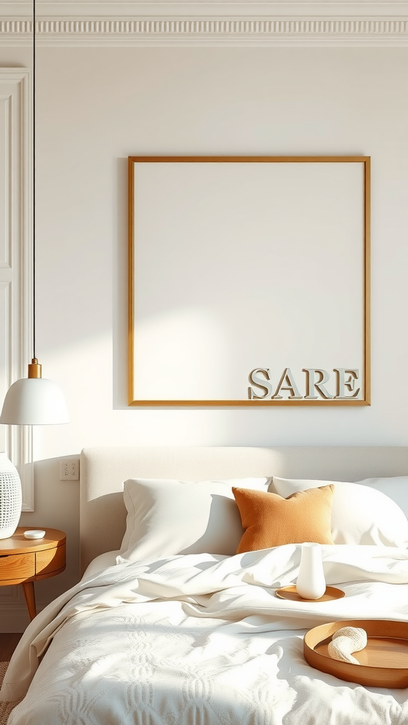 A cream bedroom with minimalist wall art featuring a blank frame and the word 'SARE'.
