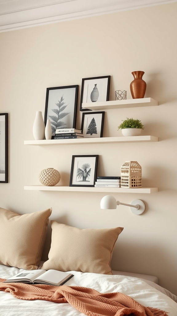 Cream wall shelves with decorative items in a cozy bedroom