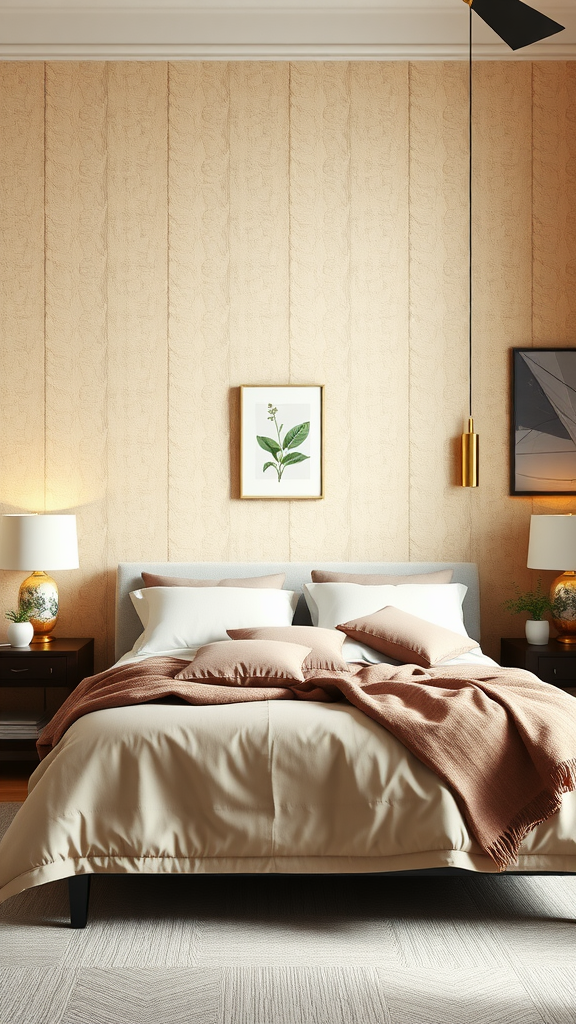A cozy bedroom featuring creamy textured wallpaper, beige bedding, and warm lighting.