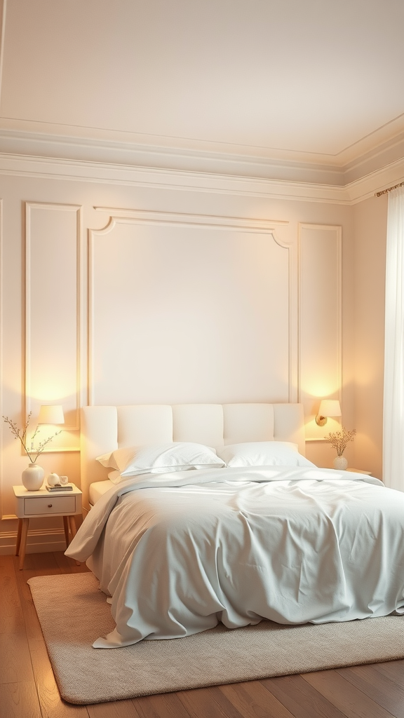 A cozy bedroom featuring cream walls, soft lighting, and a comfortable bed.
