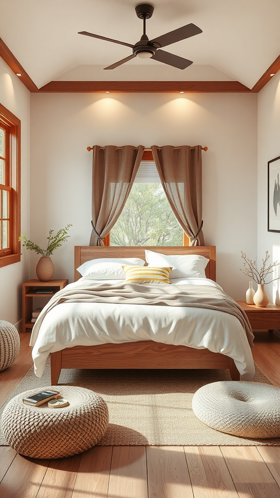 Cozy cherry bedroom with a wooden bed, soft linens, and natural light.