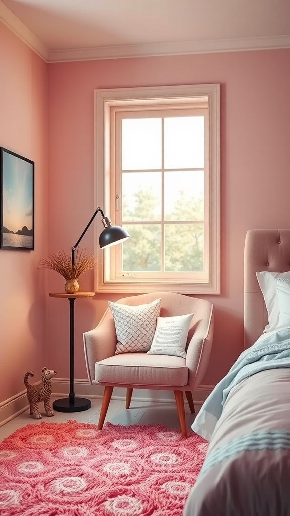 Cozy coral reading nook with a pink armchair, lamp, and fluffy rug