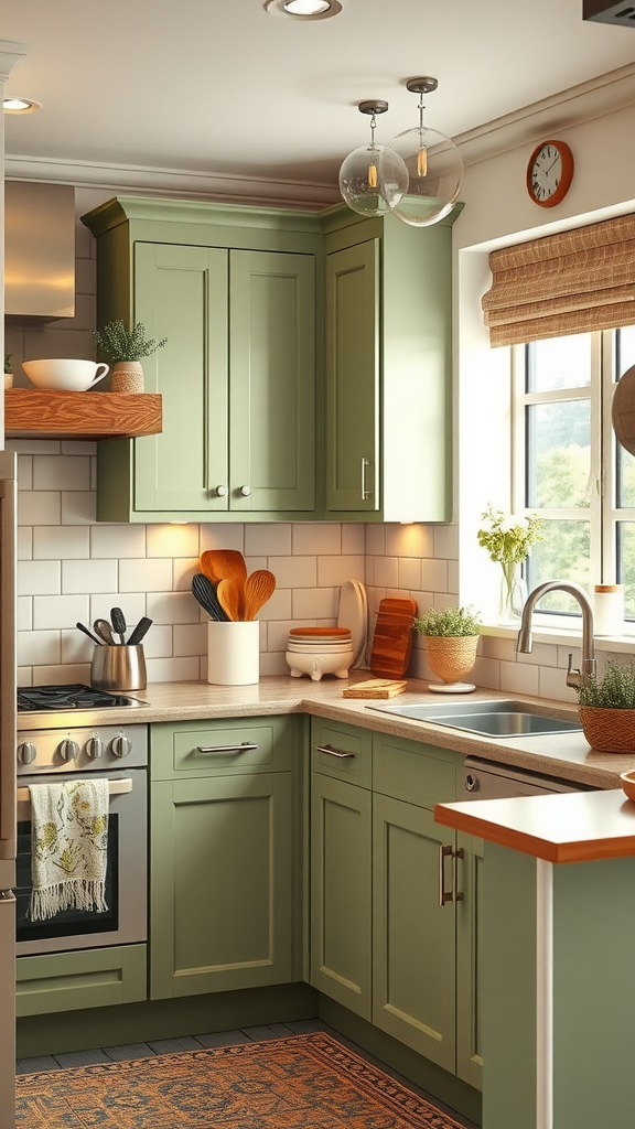 A cozy kitchen with sage green cabinets, wooden accents, and plants