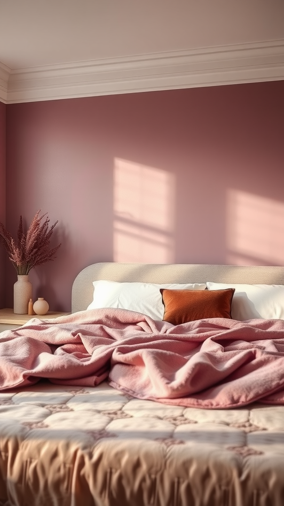 A cozy mauve bedroom with soft blankets, natural light, and decorative elements.