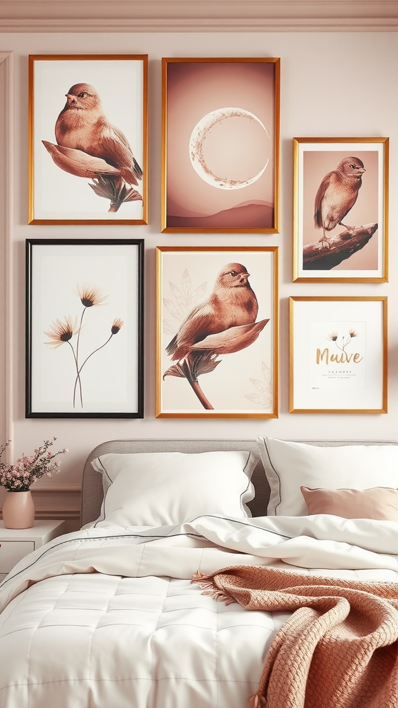 A mauve-themed gallery wall featuring bird illustrations and floral art in various frames.