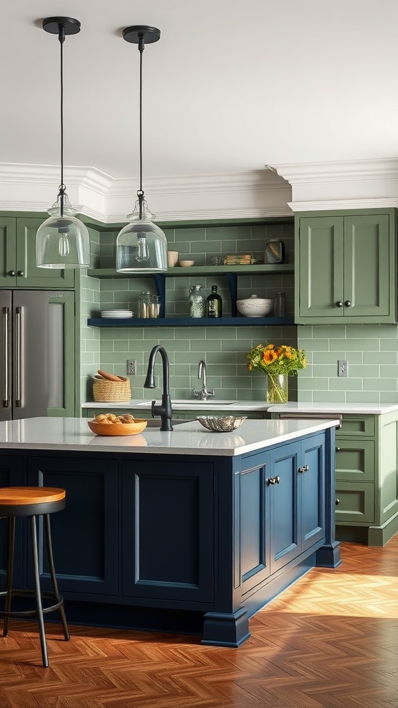 A sage green kitchen with a dark blue island, showcasing contrast with stylish lighting.