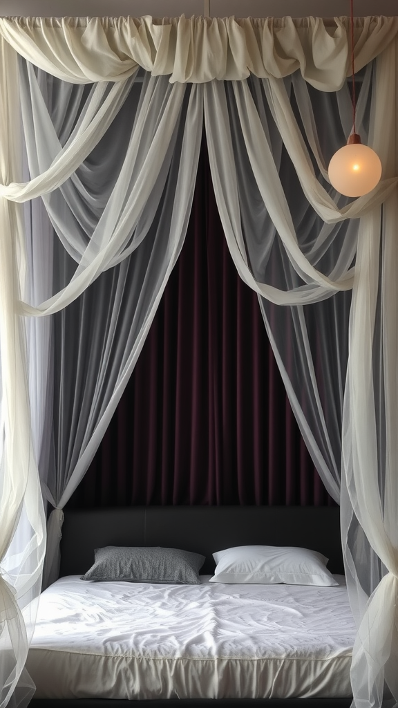A beautifully draped canopy over a bed with a round pendant light.