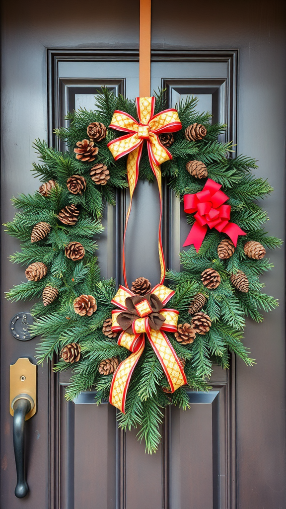 A decorated Christmas wreath with pinecones and bows hanging on a brown door.