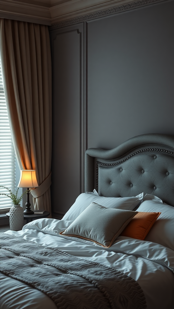 A cozy and stylish bedroom featuring a well-made bed, elegant decorative pillows, and a warm lamp casting a soft glow.