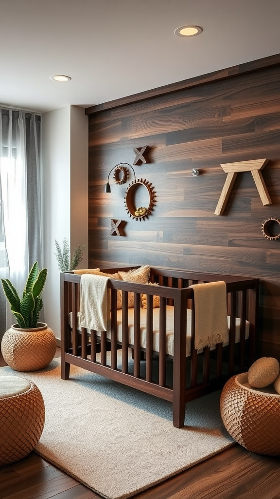 Dark wood nursery with a crib and decorative wooden elements on the wall.