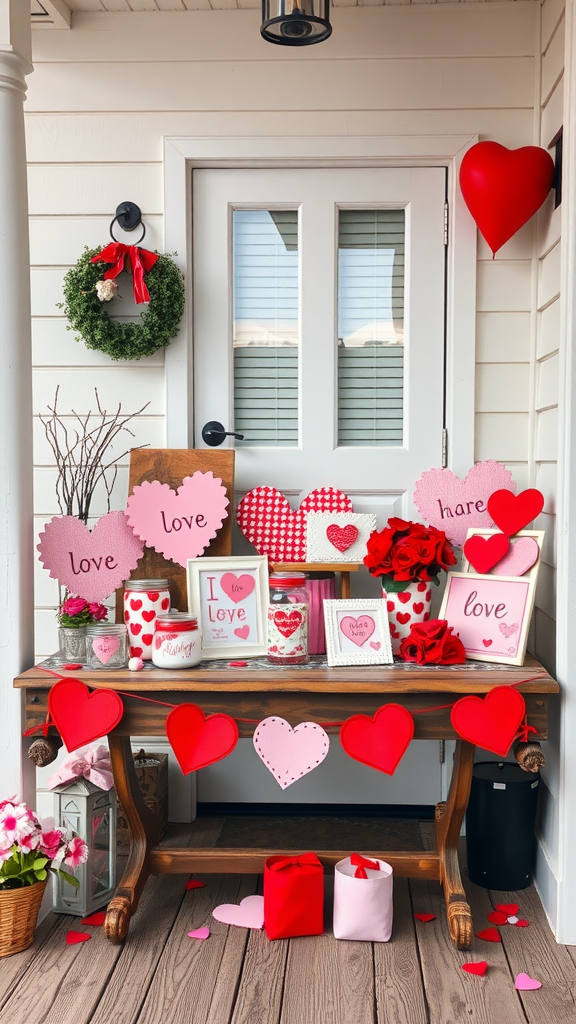 A beautifully decorated porch for Valentine's Day featuring red and pink hearts, roses, and festive signs. valentine porch decorating ideas