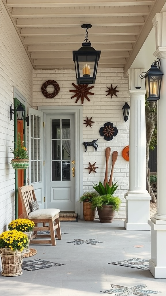 A beautifully decorated eastern porch featuring wall art displays, plants, and comfortable seating.