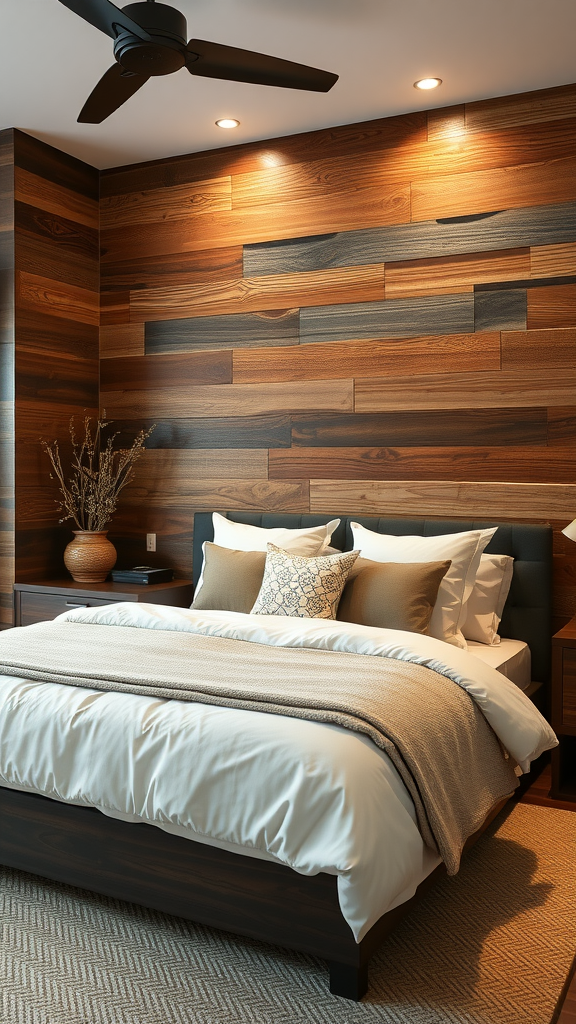 A cozy bedroom featuring a dark wood wall treatment, showcasing a modern aesthetic with warm tones.
