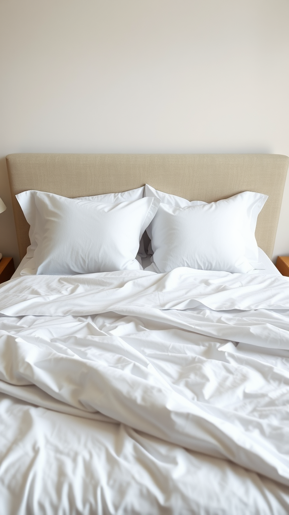 A neatly made bed featuring crisp white bedding and cream accents.