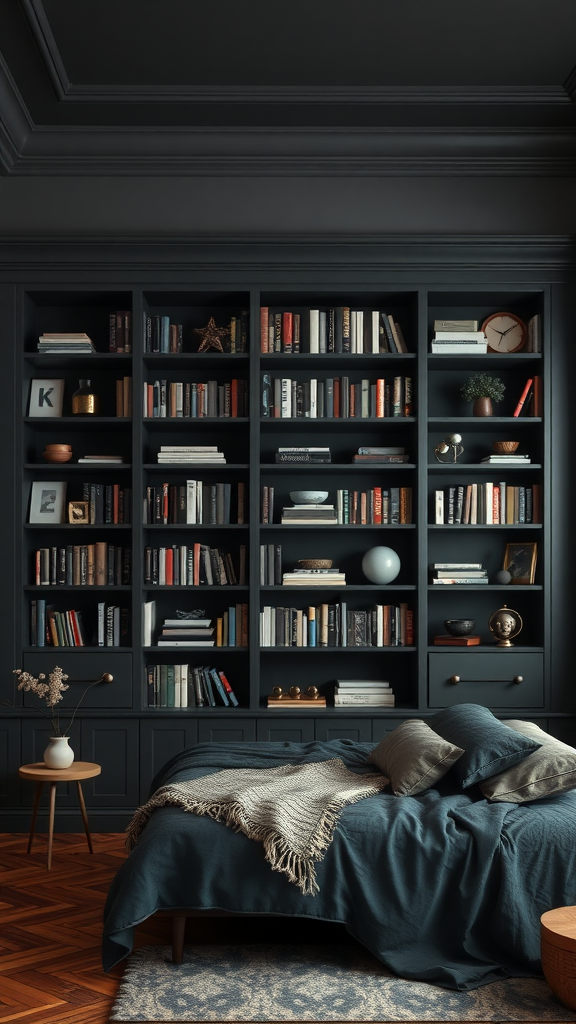 Cozy dark bedroom with a stylish bookshelf filled with books and decor.