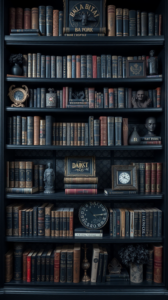 A darkly styled bookshelf filled with antique books and decorative pieces, creating a moody and inviting atmosphere.