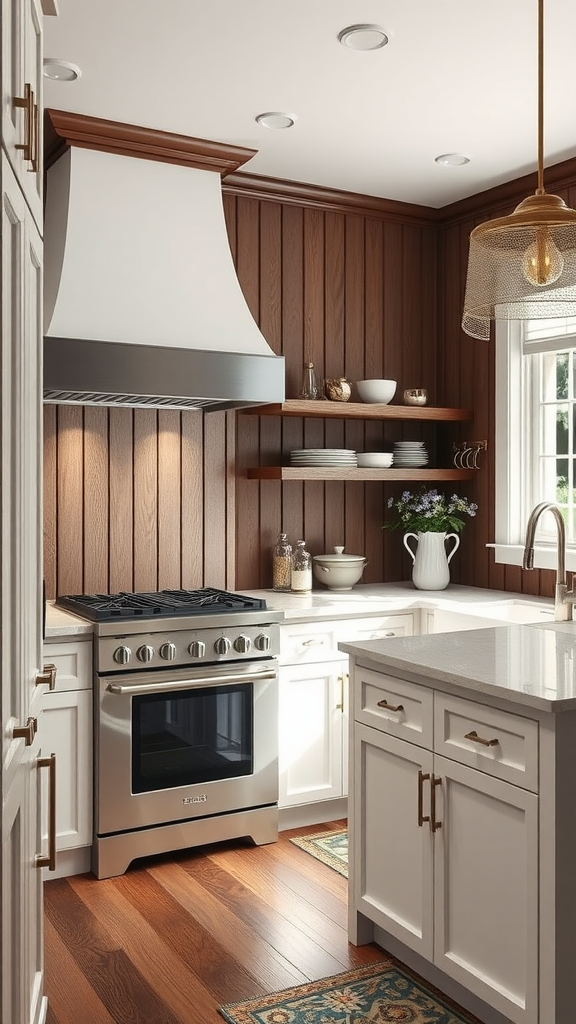 A kitchen featuring dark stained beadboard panels, white cabinetry, and a modern stove.