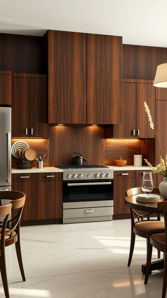 A modern kitchen featuring dark teak panels, sleek appliances, and a warm atmosphere.