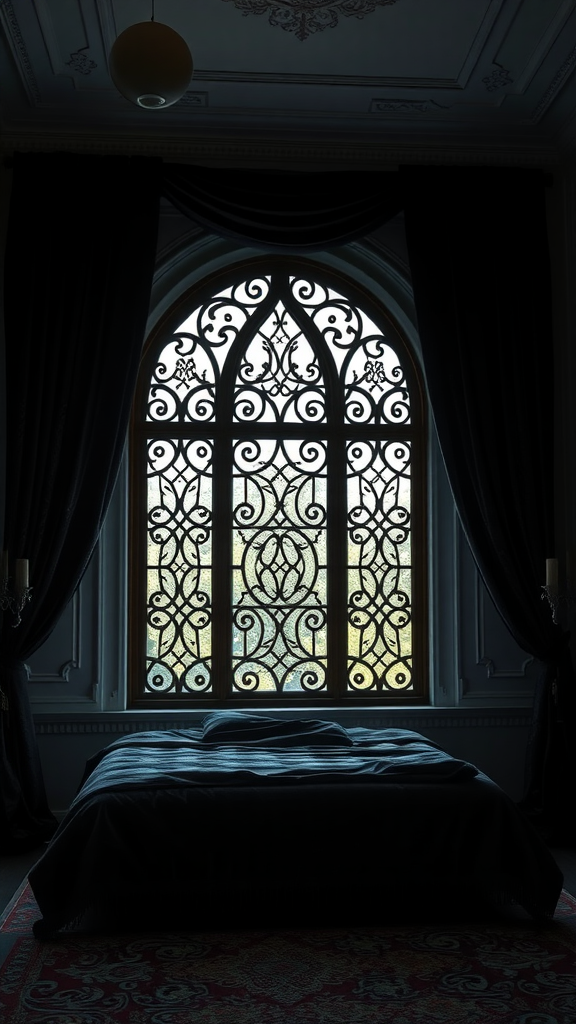 A gothic-inspired bedroom with dark velvet drapes framing an ornate window.