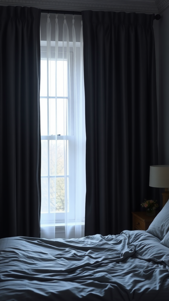 A cozy bedroom with dark curtains and light sheers, creating a warm atmosphere