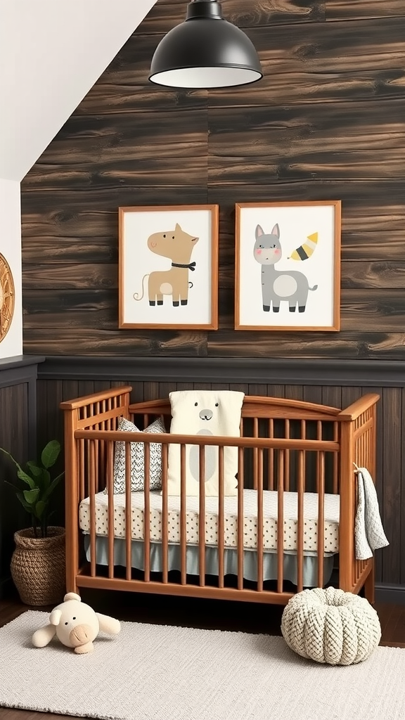 Cozy nursery featuring dark wood accent wall with crib and playful animal art.